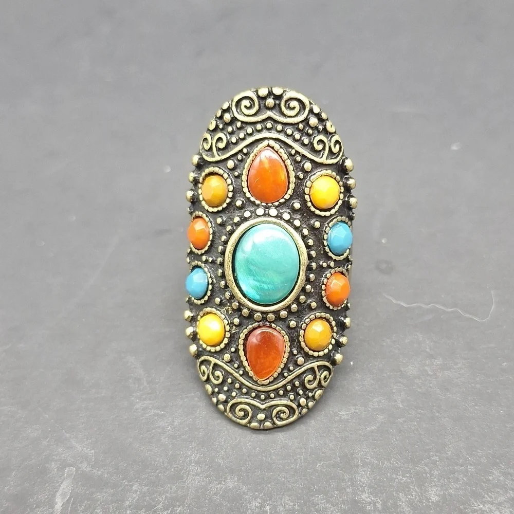 🌺 Boho Vintage-Style Ring – Multicolor Cabochons – Size 7